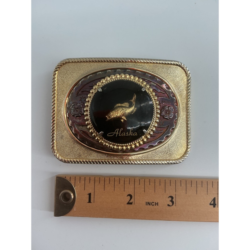 Vintage Alaska Souvenir Belt Buckle Gold Tone Fish Motif Western Accessory